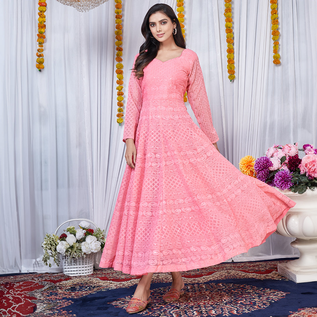 Pink Net Anarkali Style Gown with Metallic Foil Work | Exotic India Art